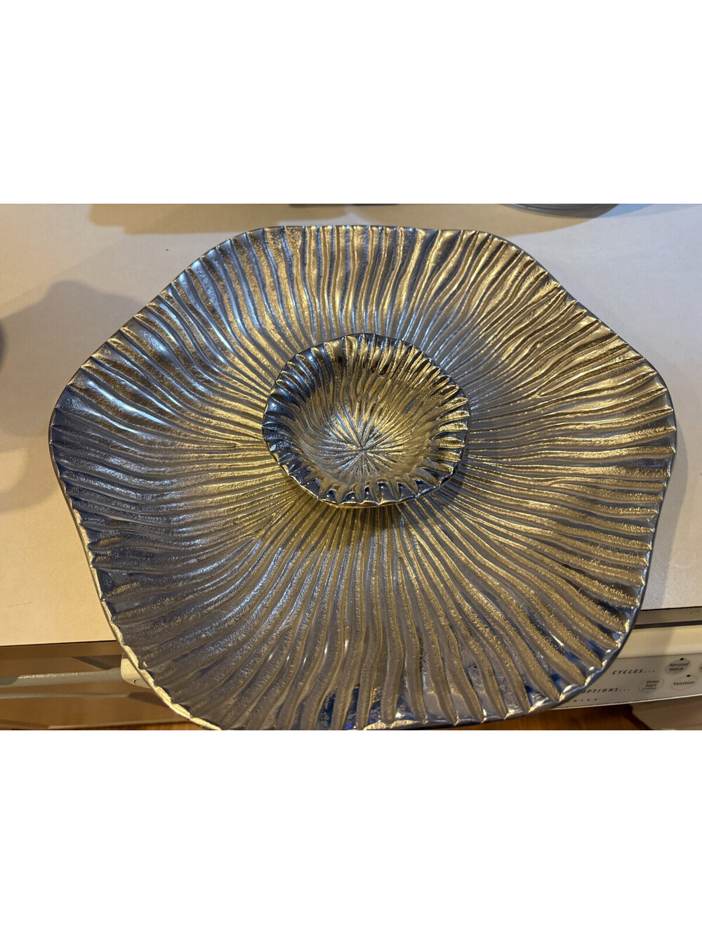 Cast Aluminum Chip & Dip Server Sand Dollar Sea Urchin Coastal Silver Tray NEW